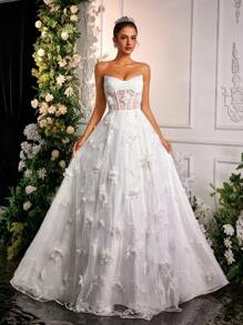 Glamrae Elegant Romantic White 3D Floral Lace Strapless Asymmetric Peplum Maxi Dress, Suitable For Weddings, Bridal, Bride - White - View 3