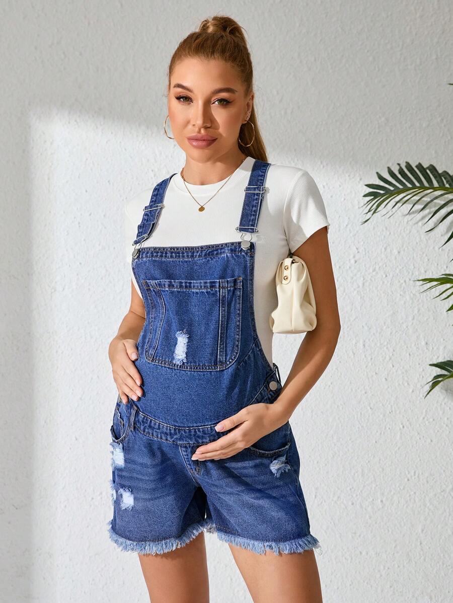 SHEIN Maternity Casual Distressed Denim Bib Shorts - Medium Wash - View 1