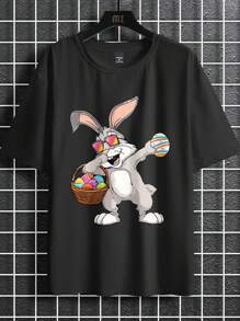Manfinity Homme 男士复活节兔子和彩蛋印花短袖T恤 - 黑色 - 查看 4