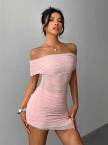 Aloruh 女士优雅性感纯色露肩透视网眼褶皱紧身迷你连衣裙 夏季连衣裙 春季服装 女士夏季服装 连衣裙 优雅度假服装 女士粉色连衣裙 图案 女士春季服装 舞会礼服 复活节沙滩装 夏季连衣裙套装 Y2k 太阳裙 可爱休闲婚礼毕业礼服 节日礼服 花裙 舞会礼服 狂欢节服装 节日