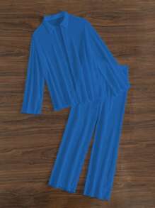 SHEIN Swim Women's Solid Color Long Sleeve Kimono Cover Up And Cover Up Trousers Set For Beach & Vacation - Blue - View 5