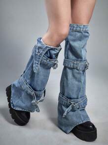 ROMWE Goth 1 Pair Dark Ribbed Leather Look Leg Warmers For Women - Blue - View 1