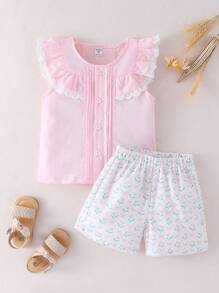SHEIN Summer Retro Ruffled Pink Short Sleeve Blouse And Floral Print Shorts Set For Young Girls - Maroon - View 3
