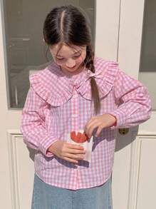 Hapijoa Tween Girls' Plaid Ruffle Collar Long Sleeve Single-Breasted Loose Casual Shirt - Pink - View 5