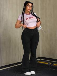 SHEIN ICON 大码女式口袋休闲洗水牛仔喇叭裤 - 黑色 - 查看 4