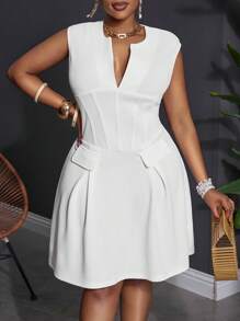 Slaydiva 白色优雅、派对、聚会、约会合身无袖深 V 领荷叶边下摆 A 字型大码连衣裙 - B - 白色 - 查看 4