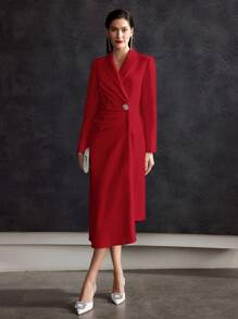 MOTF PREMIUM FOLD PLEATED BUTTON DECOR DRESS - Red - View 6