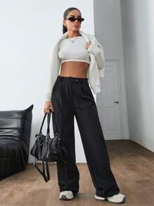 RueChic Women Stripe Pattern High Waist Straight Pants - Black - View 3