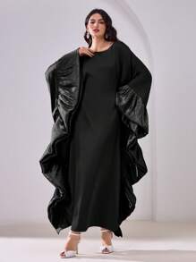 Al Najma 女士优雅圆领荷叶边宽松阿拉伯长袍连衣裙，端庄 - 黑色 - 查看 7