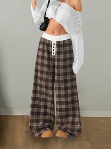 Coolane 女士春夏街头风纽扣设计宽松休闲格子阔腿裤