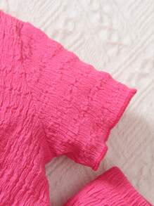 SHEIN 2pcs Baby Girls Casual Jacquard Solid Color Crew Neck Cross Drawstring Cropped Short Sleeve Top And Wide Leg Pants Set, Summer - Hot Pink - View 3