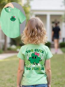 Young Girl' "Too Cute To Pinch" Clover Print Round Neck Short Sleeve Green T-Shirt - Green - View 1