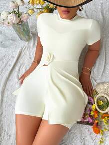 Swim Shayni Women's Beige Floral Print Premium Elegant Short Sleeve Shorts & Split Skirt 2 Pieces Suit, Burkini For Spring And Summer Vacation, Beach - Beige - View 6