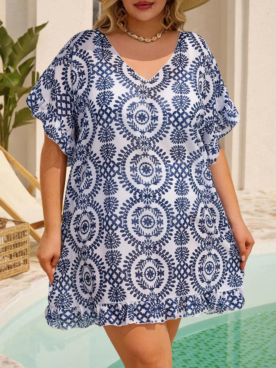 SHEIN CURVE+ Plus Size Women Chiffon Floral Print Vacation Beach Cover Up Tunic, Loose Casual - Blue and White - View 1