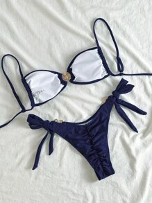 Swim Mod Beach Summer Outfits Women Solid Shoulder Strap Metal Starfish Decor Side Tie Bikini Sets, Sexy Swimsuits - Blue - View 2