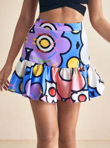 SHAQUITA GARCIA Designer Pastel Cartoon Floral Print Bubble Ruffle Hem Mini Skirt Women Spring Summer Cute Skirt Easter Vacation Beach Cruise Women Casual Summer Skirt