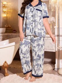 LuxeNights Plus Size Women Contrast Color Tropical Leopard Print Button Front Top & Pants Pajama Set, Outfits