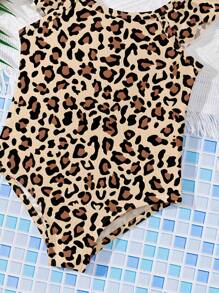 SHEIN Baby Girls Leopard Print Slim Fit One-Piece Swimsuit, Casual & Minimalist Design, Suitable For Summer - Multicolor - View 6