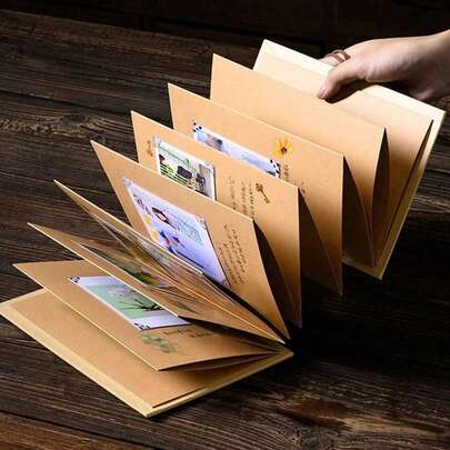 1 cuốn Album ảnh gấp theo phong cách Accordion DIY, Sổ lưu niệm bằng da nâu, Album kỷ niệm tình yêu thú nhận DIY