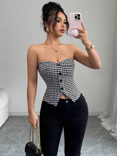 Elenzga Top corto sin mangas con botones delanteros y estampado de pata de gallo, para uso en oficina o viajes, de moda para el verano