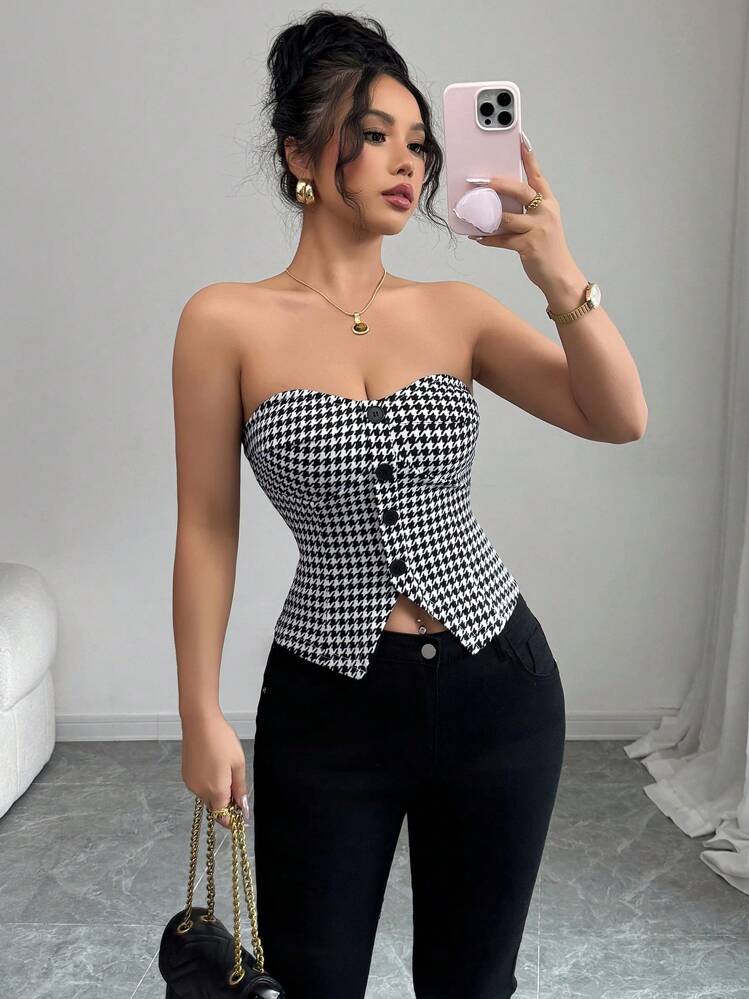 Elenzga 夏季时尚办公室/通勤千鸟格印花无袖纽扣前短款上衣 - 彩色 - 查看 1