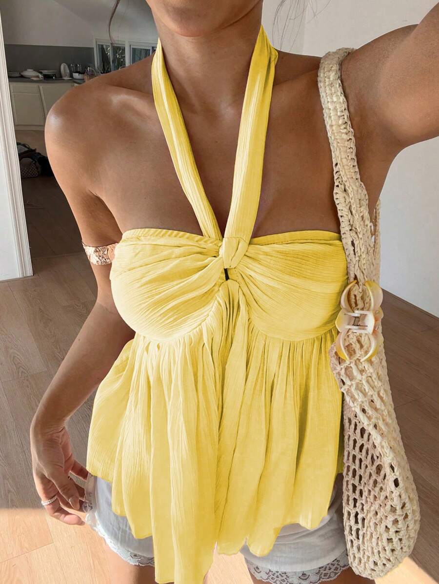 Sunnyshic Top de style vacances d'été pour femmes avec torsion froncée à l'avant et encolure ras-du-cou