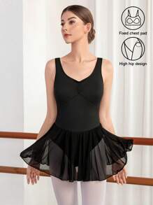 Dansine 女式无袖紧身衣舞蹈服，紧身芭蕾舞体操紧身衣，纯色 V 领，网眼拼接，全衬里，健身背心，适合春夏芭蕾舞服装