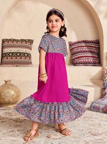 SHEIN Vestido casual de vacaciones de gasa con estampado floral ditsy para niña joven - Rosa Fucsia - Ver 6
