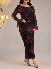Modelyn Vestido elegante de mujer talla grande con manga de campana y estampado floral off shoulder