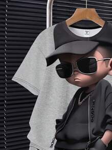 2 件套青少年男孩休闲简约短袖圆领服装，适合夏季 - 白色 - 查看 3