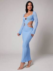 Silquee Women's Elegant Crochet Cover Up, Aqua Blue Long Sleeve With Waist Hollow Heart Neckline, Sexy Beach Vacation Long Dress, Spring/Summer In Fall/Winter - Blue - View 7