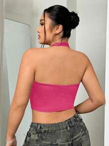 SHEIN ICON Plus Size Sleek V-Neck Beaded Decor Halter Tank Top - Hot Pink - View 2