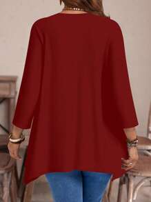 EMERY ROSE 大码女式不对称下摆宽松圆领 3/4 袖 T 恤，休闲春秋季