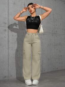 SHEIN EZwear Casual Washed Straight-Leg Cargo Jeans