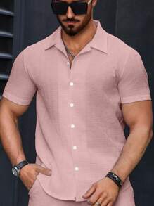 Manfinity Homme Camisa casual de manga corta con botones y textura para hombre para verano