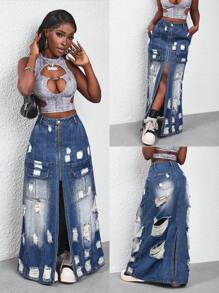SHEIN Slayr Women's Distressed Front Zip Up High Slit Long Denim Skirt - Blue - View 1