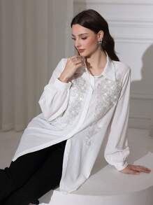 Modelyn Fashionable And Modest Heavy-Embellished Rhinestone Women's Shirt - White - View 2