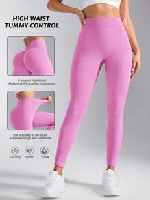 Easithlete 简约纯色高腰无缝紧身裤女士瑜伽裤 - 粉色 - 查看 2