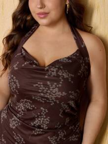 SHEIN MOD Vestido vintage con cuello halter drapeado al frente y estampado floral marrón