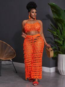 Slaydiva Conjunto de 2 piezas de punto con flecos en talla grande, sexy, para vacaciones de verano