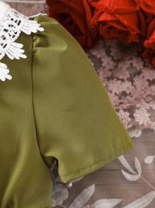 SHEIN 女婴优雅双色领蕾丝荷叶边泡泡袖连衣裙 - 軍綠色 - 查看 8