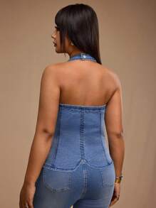 Forever 21 Plus Size Front Button Backless Halter Neck Denim Top - Blue - View 2