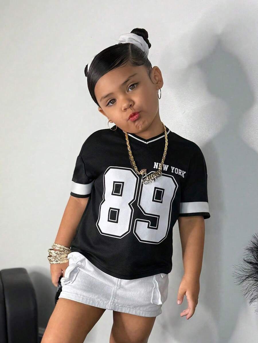 Blusa de punto holgada de manga corta con cuello en V, estilo casual de moda callejera para niña, primavera/verano - Negro - Ver 1