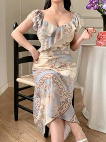 DAZY Abito estivo in chiffon da donna con scollo quadrato, vita, stampa retrò e maniche corte, con volant e decorazione floreale