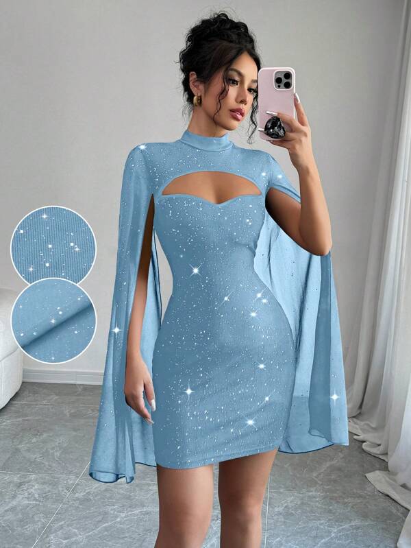 Elenzga Solid Color Rhinestone Decor Stand Collar Cape Sleeve Bodycon Mini Dress