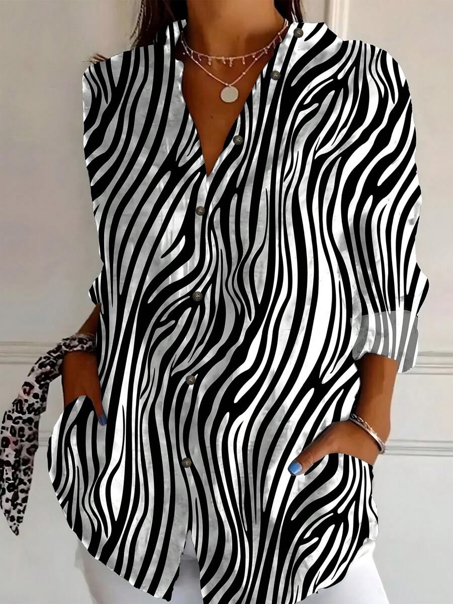 Áo sơ mi nữ đơn giản và thời trang thường ngày - Đen và trắng - Xem 1