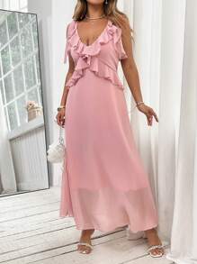 Celure Plus Size Elegant Solid Color Ruffle Trim Dress