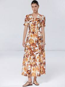 Aveloria Modichic Women's Elegant Vacation Color Changing Leaf Print Cross Shirred Design Puff Sleeve Short Sleeve Dress - Multicolor - View 3