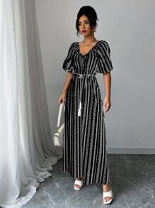 Elenzga 女式短袖 V 领几何图案流苏系腰长款休闲连衣裙，适合度假旅行