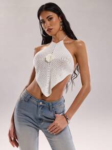 SHEIN BAE Canottiera estiva da donna dal collo a balza, con decorazione a fiori 3D e schiena scoperta, in maglia